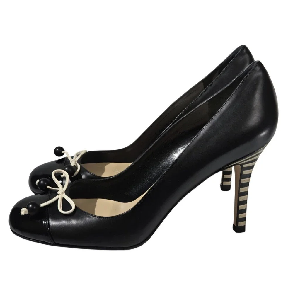 Kate Spade New York Leather Cap-Toe Striped Heel Pumps Black Cream Bow Size 7B